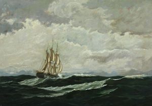 "Seascape with warship in high seas," original painting by Jens E.C. Rasmussen
